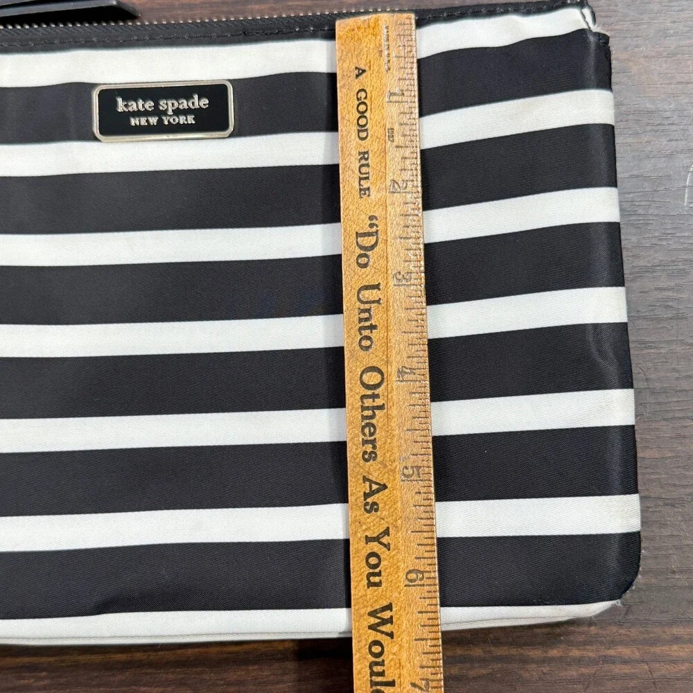 Kate Spade New York Striped Nylon Cosmetic Pouch Clutch Bag Black White Zip